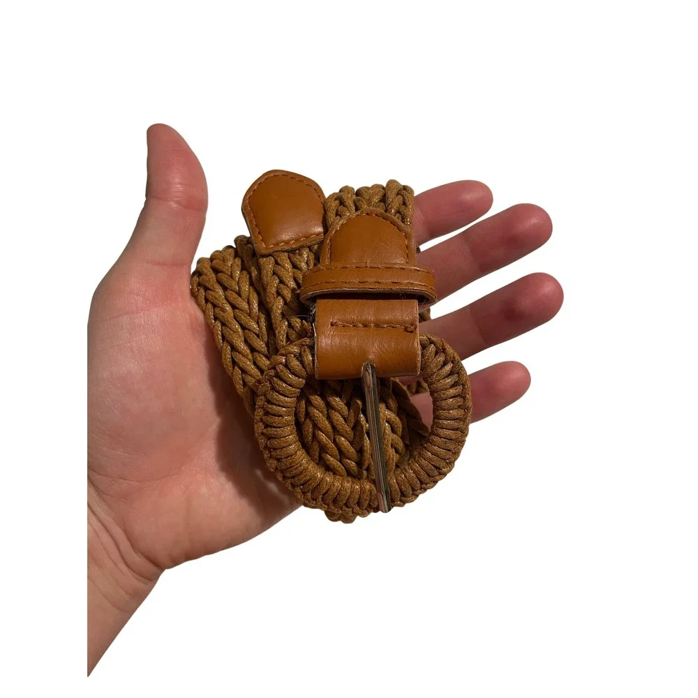Womens Brown Braided Woven Belt Boho Round Buckle Cognac 35 Inch